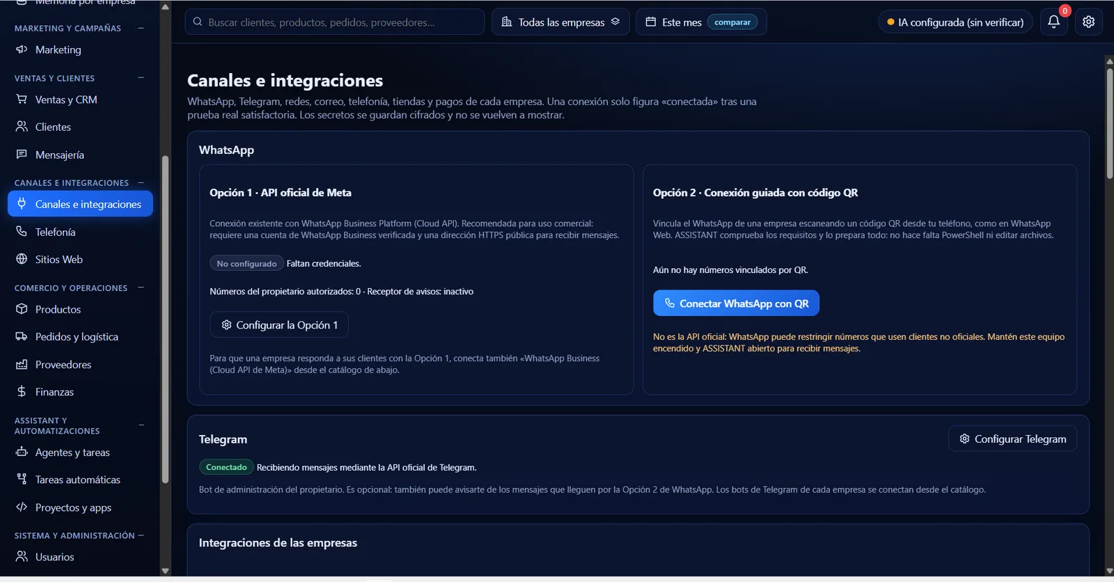 Canales e integraciones: WhatsApp opción 1 API oficial de Meta, opción 2 código QR, y Telegram conectado