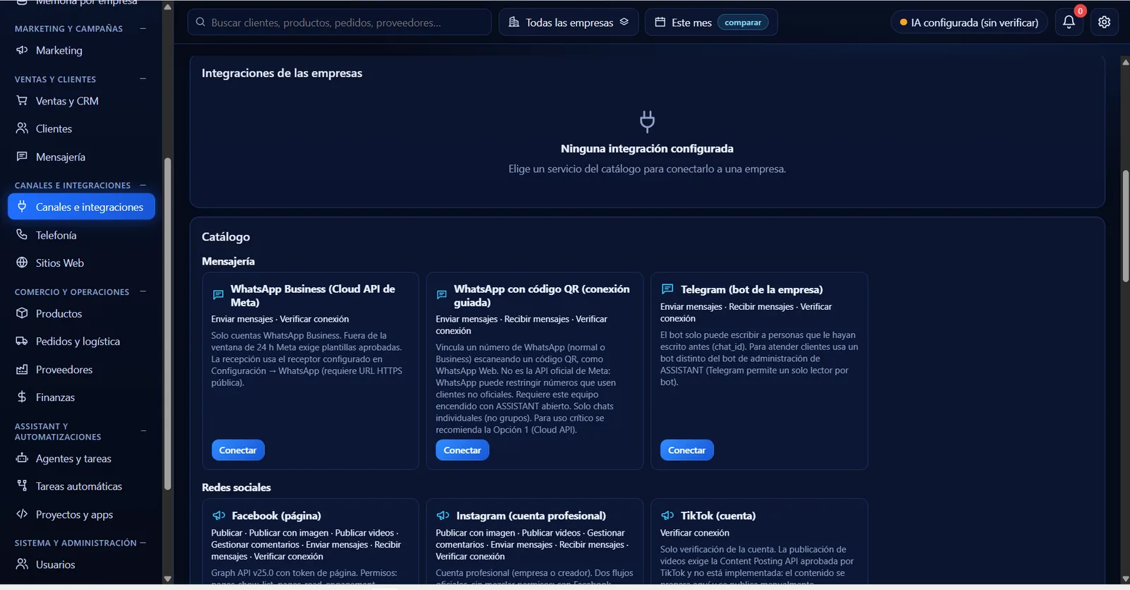 Catálogo de integraciones de mensajería: WhatsApp Business Cloud API, WhatsApp con QR y Telegram
