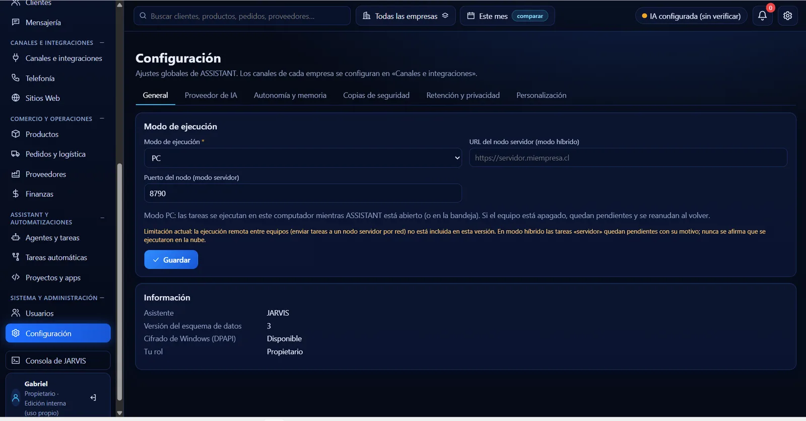 Configuración del modo de ejecución PC, servidor o híbrido con sus limitaciones