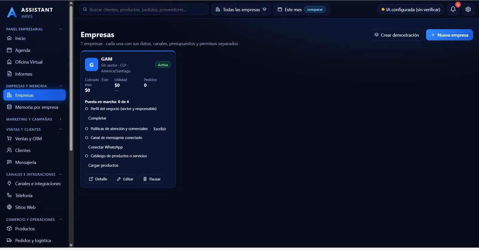 Ficha de empresa con cobrado, utilidad, pedidos y lista de puesta en marcha