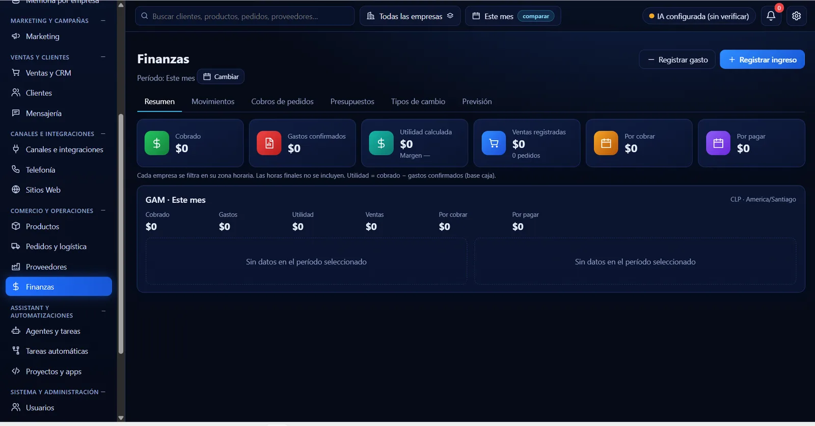 Finanzas: cobrado, gastos, utilidad, ventas, por cobrar y por pagar por empresa