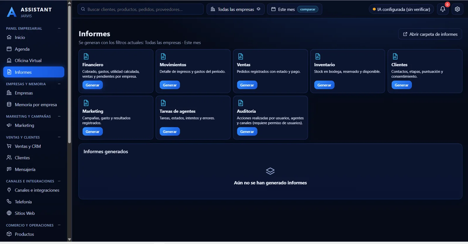 Módulo de informes: financiero, movimientos, ventas, inventario, clientes, marketing, tareas de agentes y auditoría