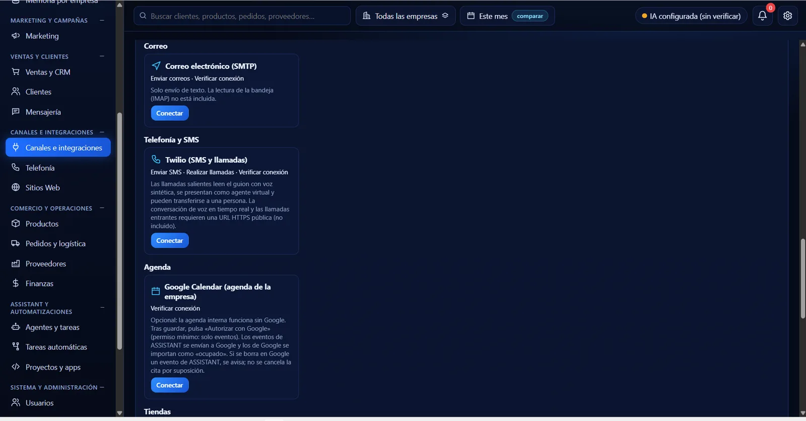 Integraciones de correo SMTP, Twilio para SMS y llamadas, y Google Calendar