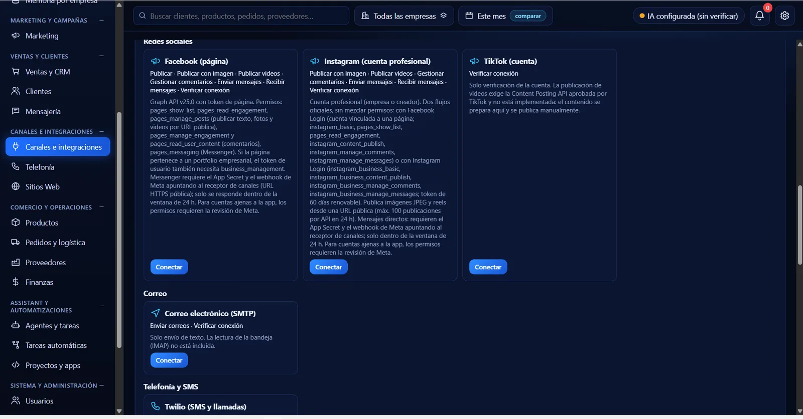 Integraciones de Facebook, Instagram y TikTok con sus permisos y límites