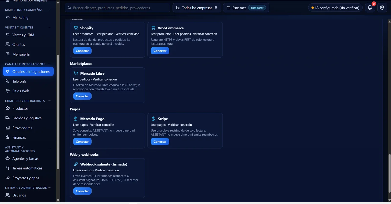 Integraciones de Shopify, WooCommerce, Mercado Libre, Mercado Pago, Stripe y webhook firmado