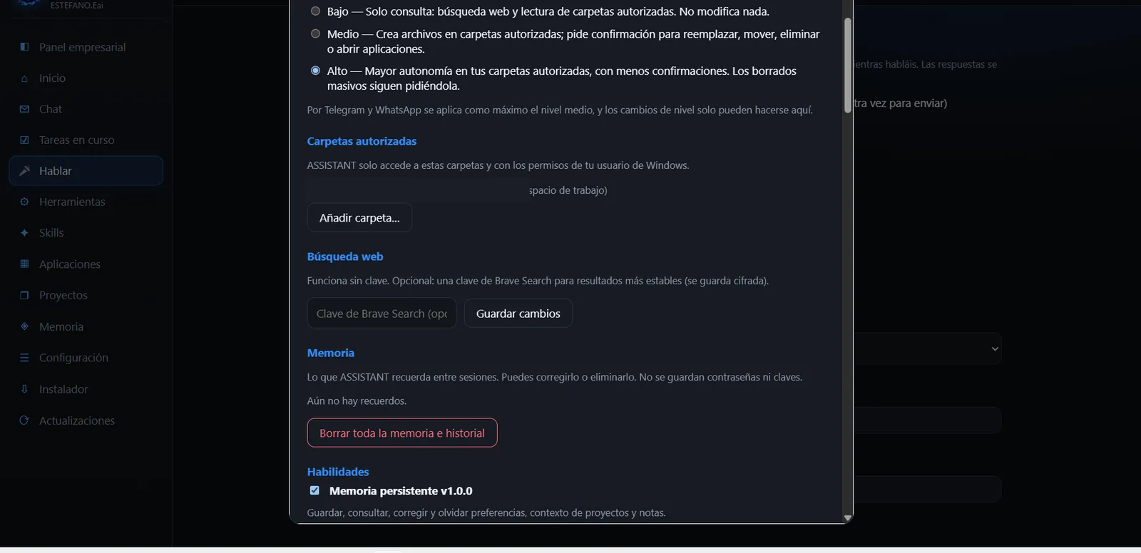 Nivel de autonomía bajo, medio o alto y carpetas autorizadas