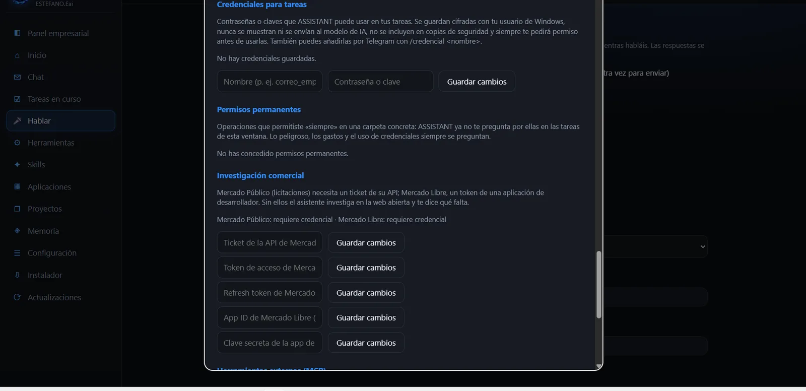 Credenciales para tareas, permisos permanentes e investigación comercial