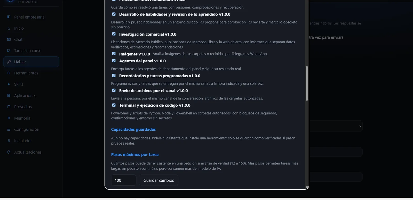 Habilidades: procedimientos reutilizables, investigación comercial, imágenes, agentes del panel, recordatorios, envío de archivos y terminal