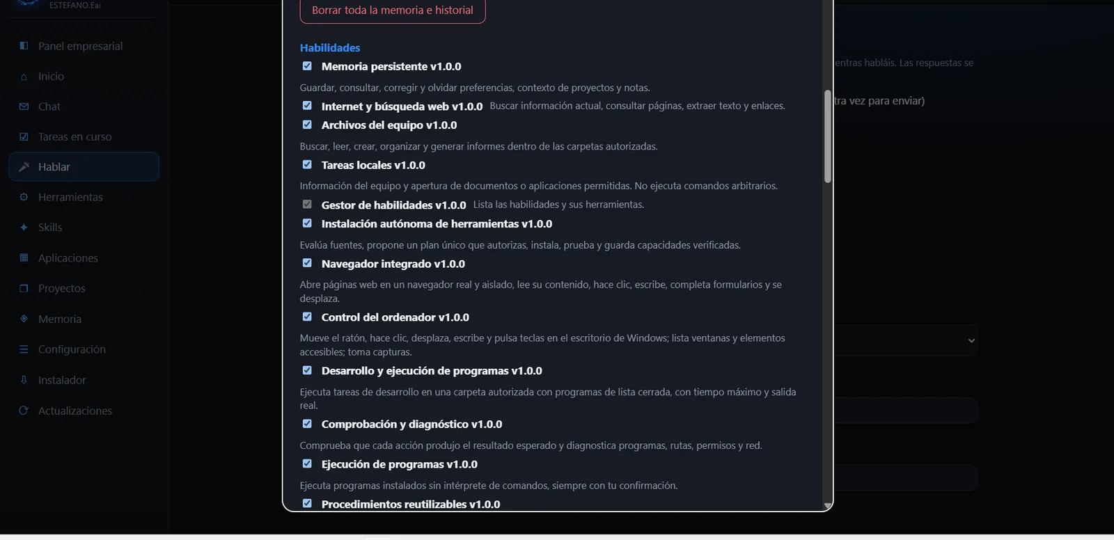 Habilidades: memoria persistente, internet, archivos, navegador, control del ordenador, desarrollo y más