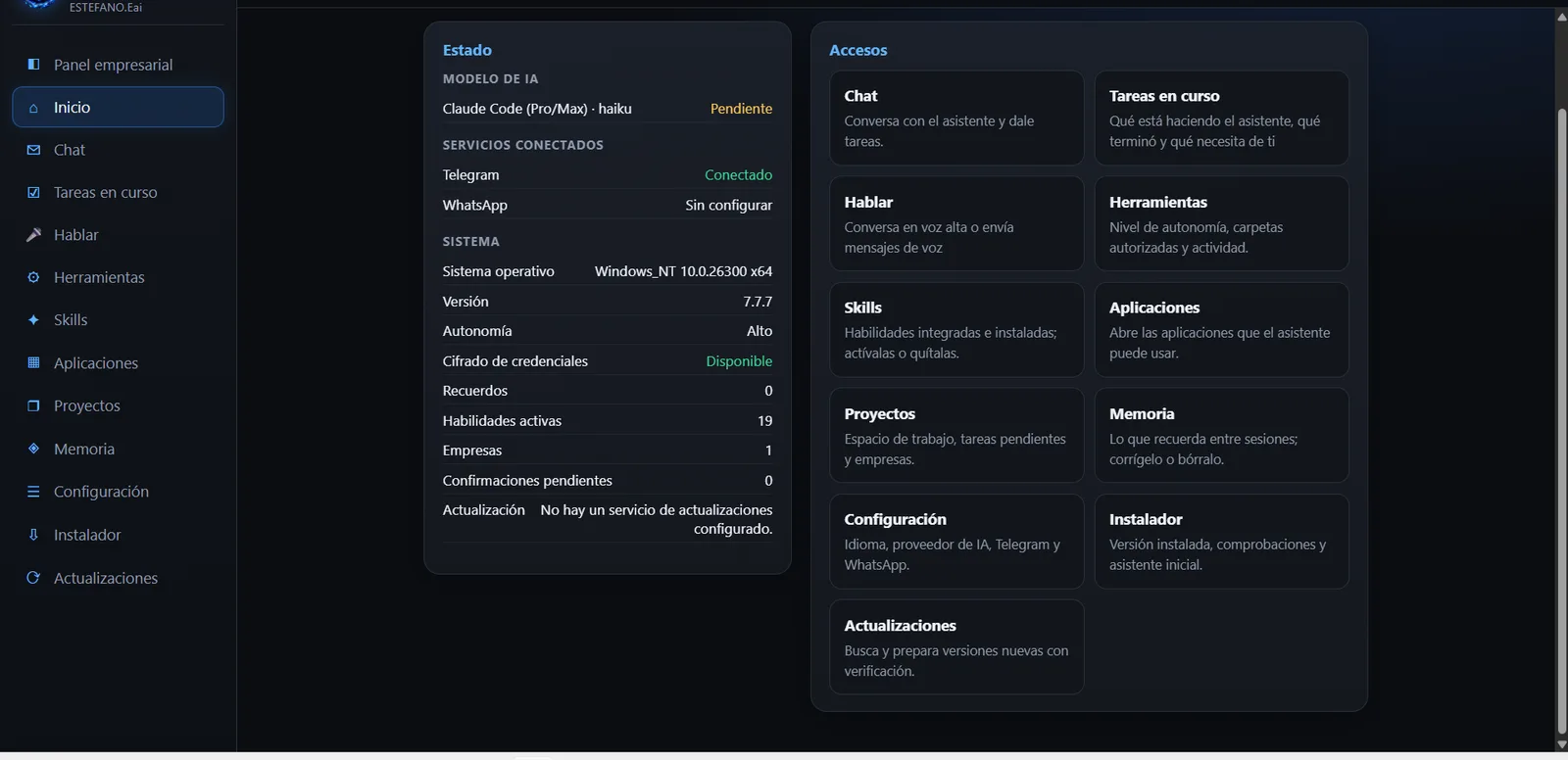Ventana de JARVIS: estado del modelo de IA, servicios conectados, sistema y accesos