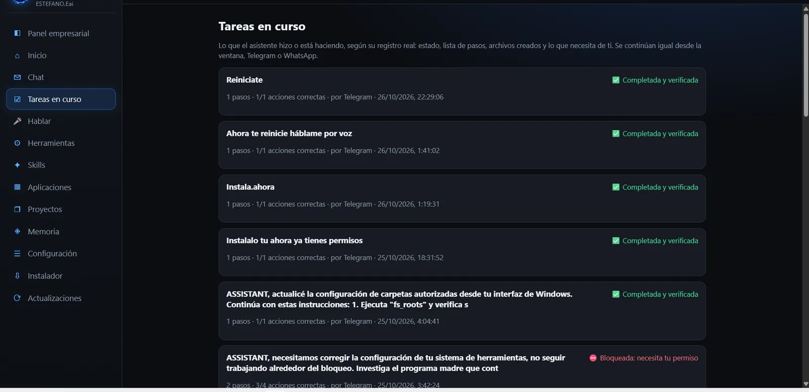 Tareas en curso pedidas por Telegram, completadas y verificadas, y una bloqueada a la espera de permiso