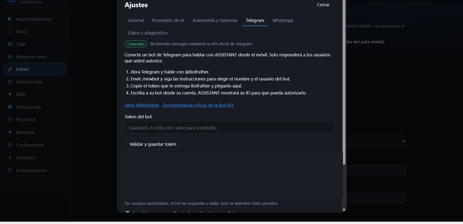 Ajustes de Telegram: pasos con BotFather, token del bot y usuarios autorizados (datos privados ocultos)