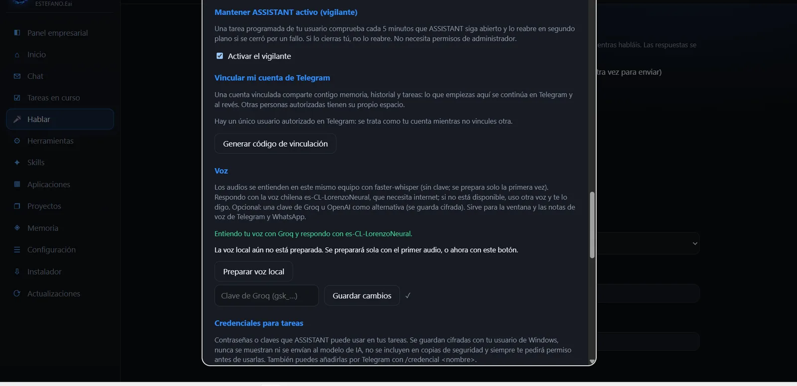 Vigilante, vinculación de cuenta de Telegram y voz