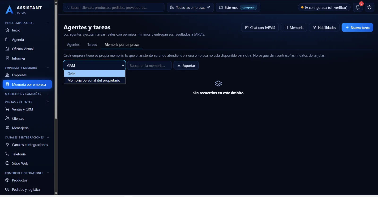 Memoria por empresa con selector de ámbito, búsqueda y exportación