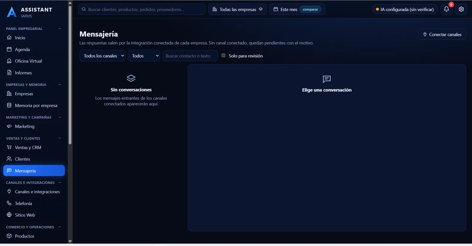 Bandeja de mensajería con filtros por canal y opción solo para revisión