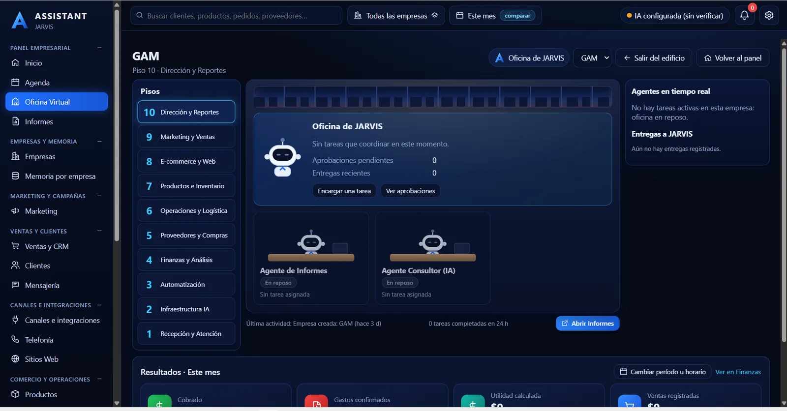 Pisos de la oficina de JARVIS: dirección, marketing, e-commerce, productos, operaciones, proveedores, finanzas, automatización, infraestructura y recepción