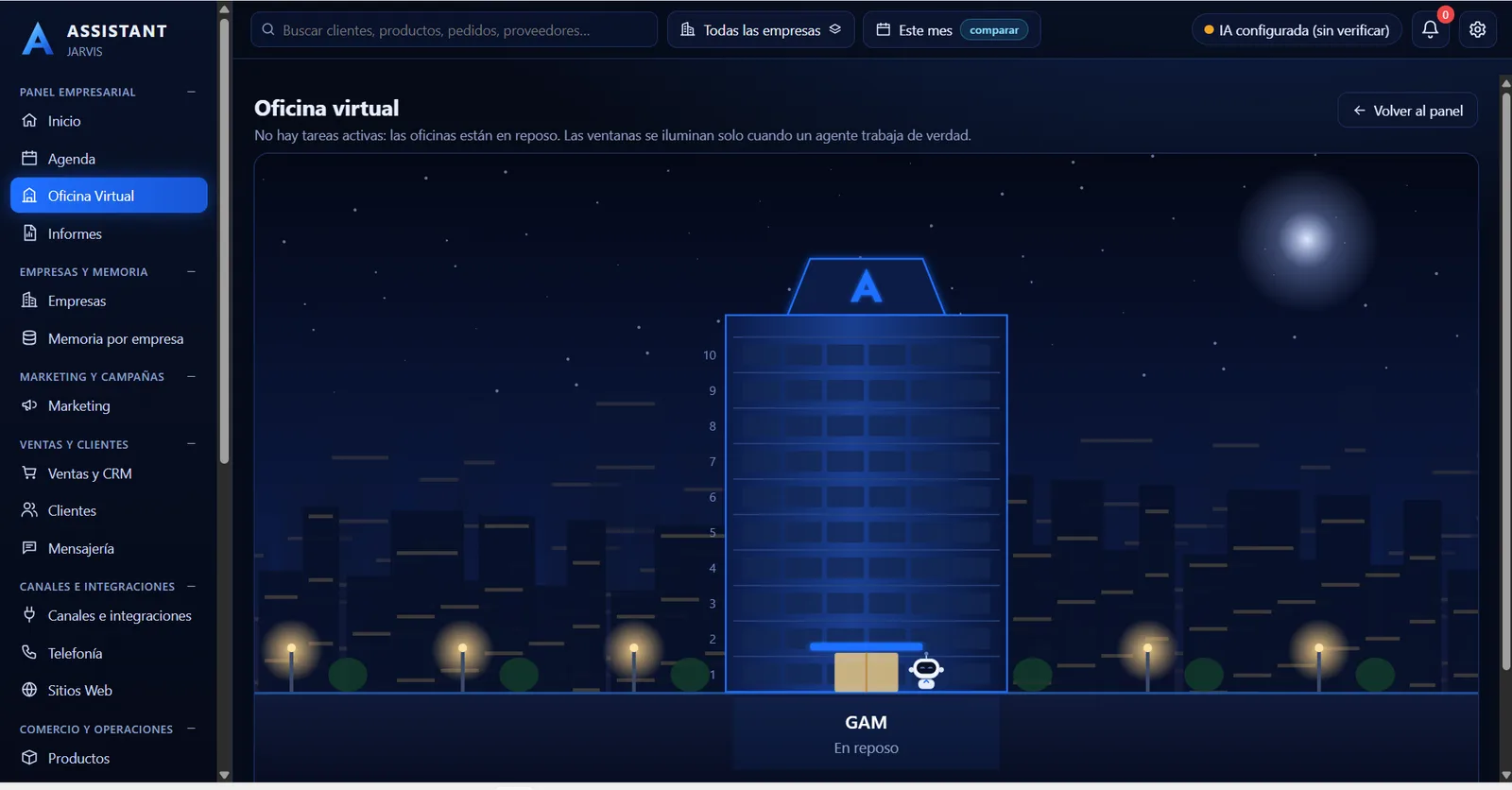 Oficina virtual: edificio nocturno de la empresa con sus pisos iluminados cuando un agente trabaja