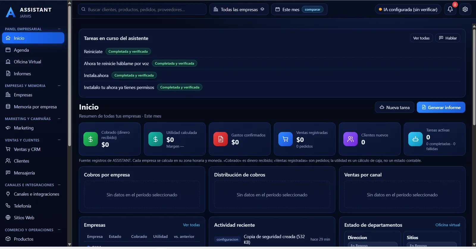 Panel empresarial de ASSISTANT: tareas en curso del asistente, indicadores de cobros, utilidad, ventas, clientes y tareas
