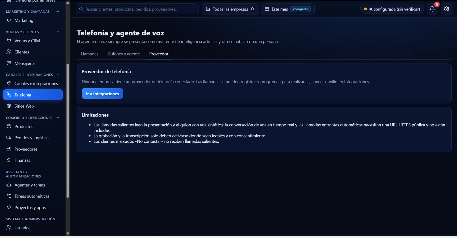 Telefonía y agente de voz: proveedor y limitaciones