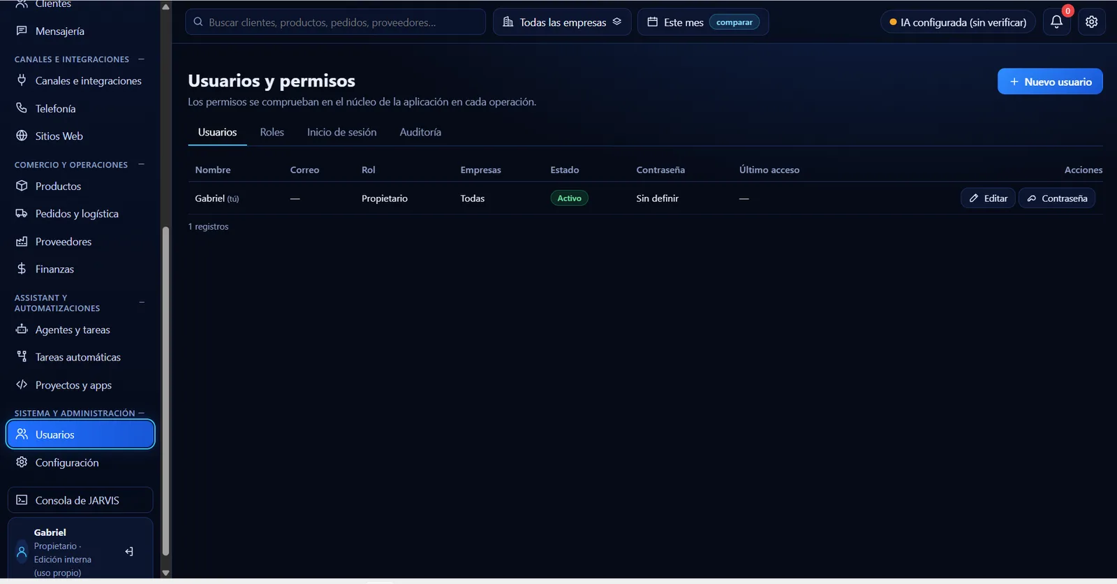Usuarios y permisos con roles, inicio de sesión y auditoría