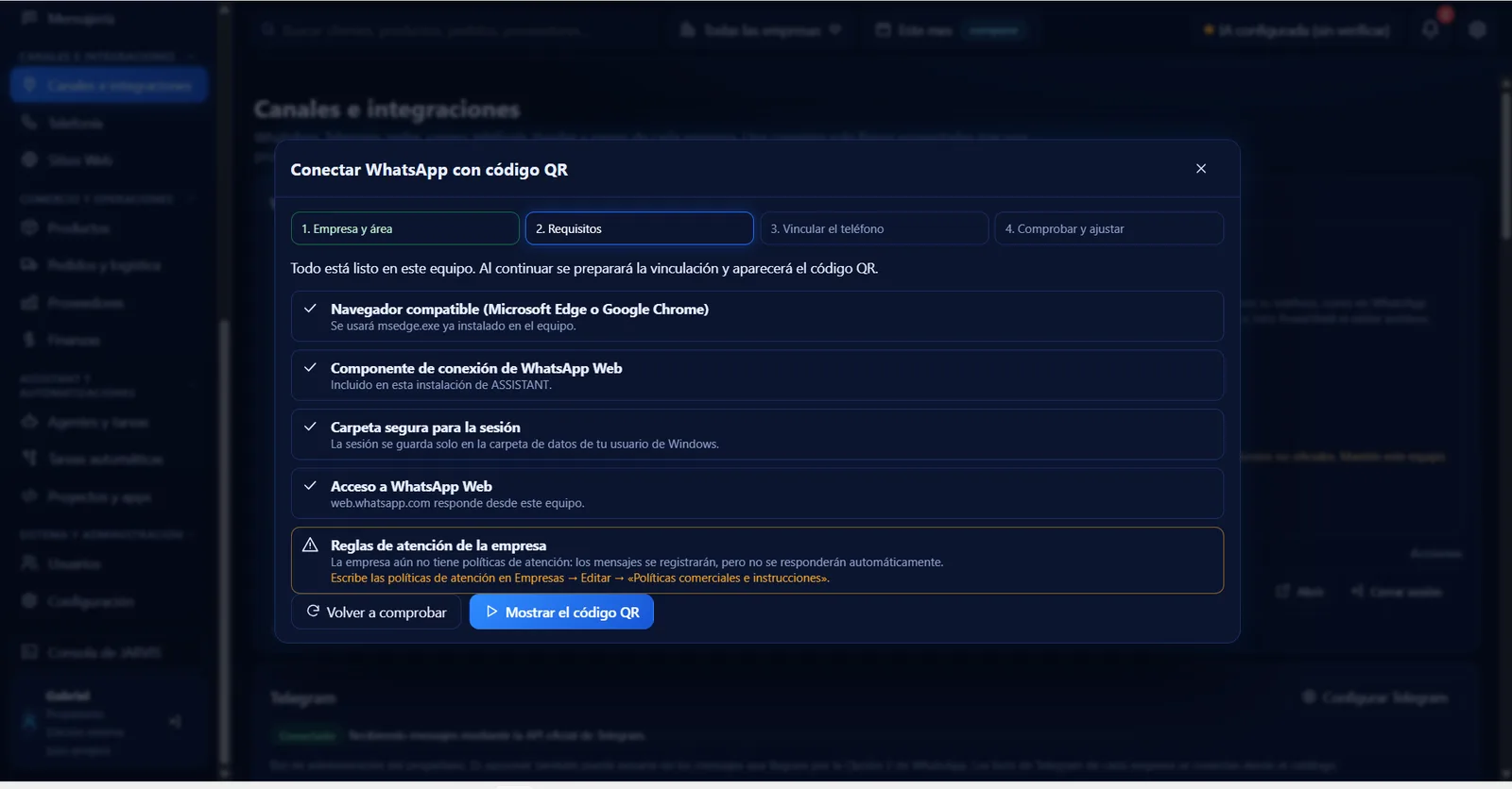 Conectar WhatsApp con código QR, paso 2: comprobación de requisitos